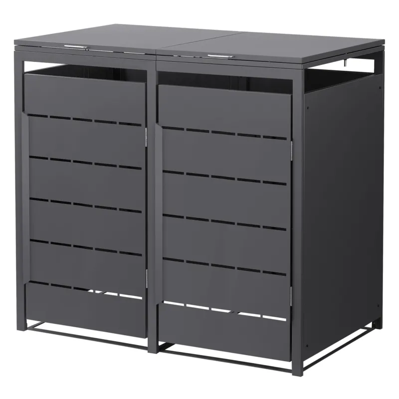 Zwei Mülltonnenboxen mit horizontalen Schlitzen und Metallrahmen.
