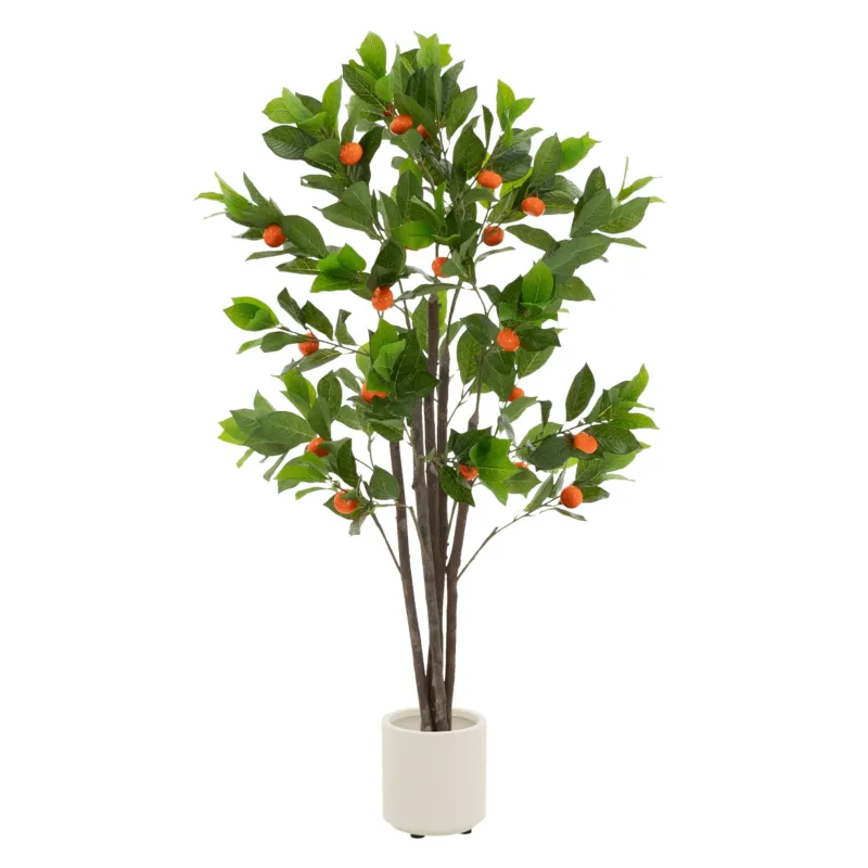 Kunstbaum in einem weißen Topf, Höhe 130 cm, mit orangefarbenen Früchten.