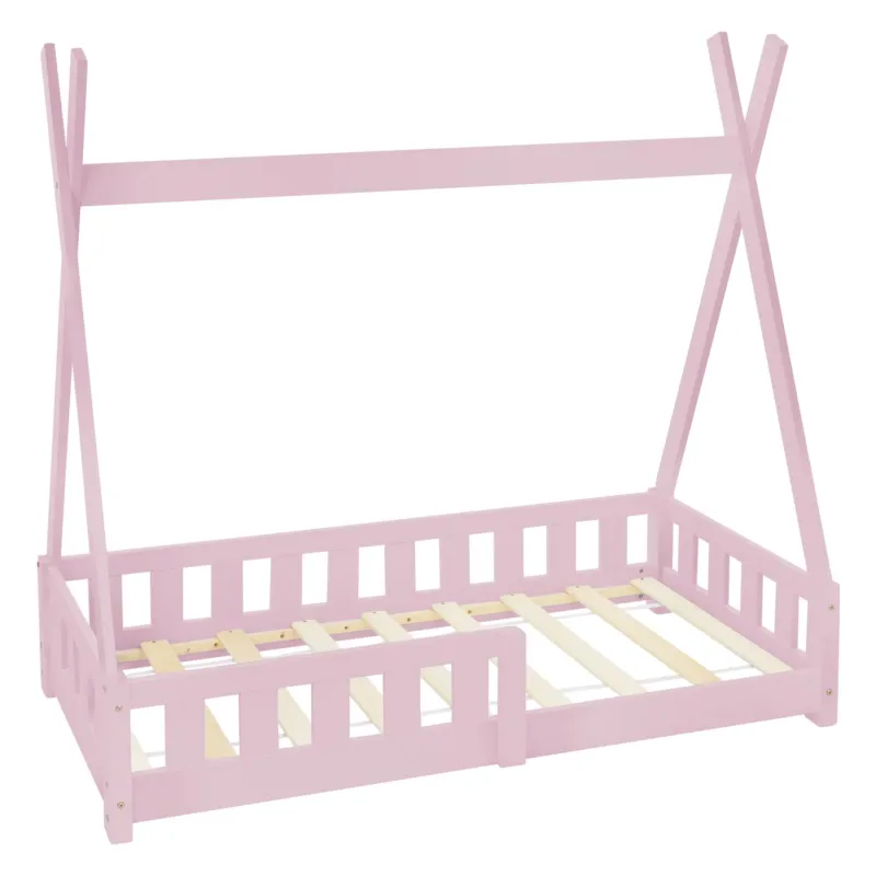 Rosa Kinderbett aus Holz mit Lattenrost und stabiler Konstruktion.