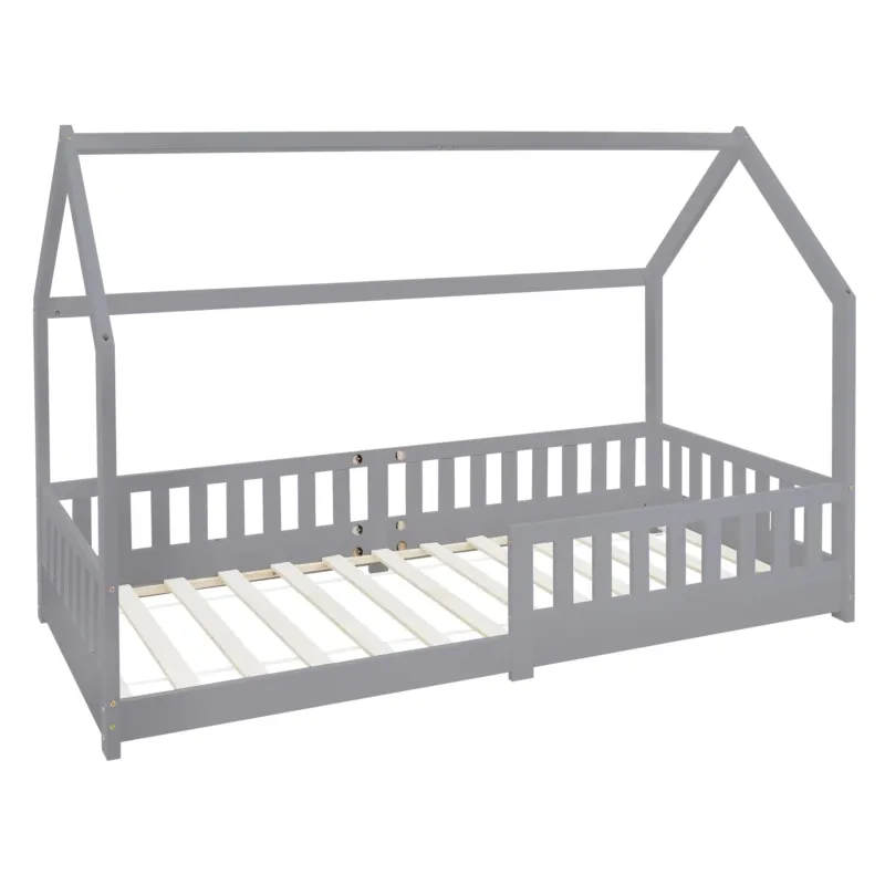 Grau lackiertes Kinderbett im Hausdesign ohne Matratze.