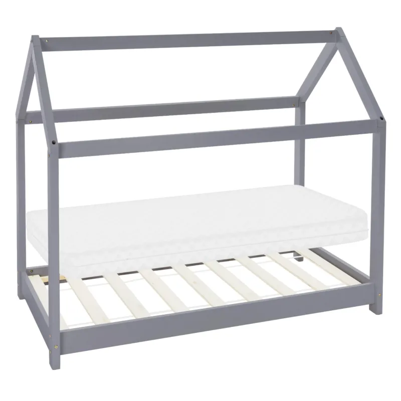 Bettgestell in Grau mit Matratze, Holzlatten und Dachform.