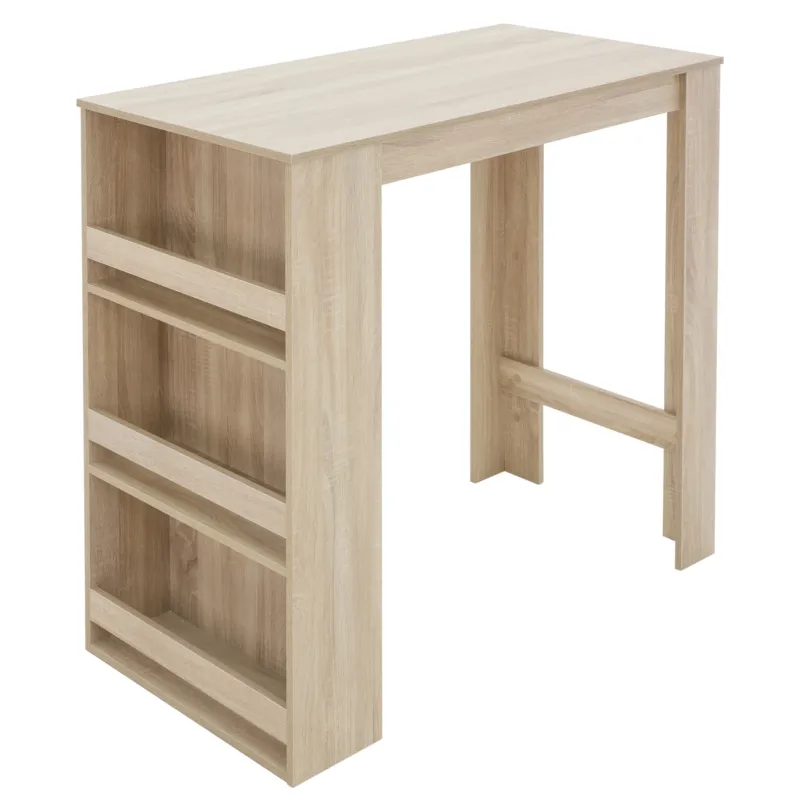 Holzfarbener Schreibtisch mit offenen Regalen auf der linken Seite.