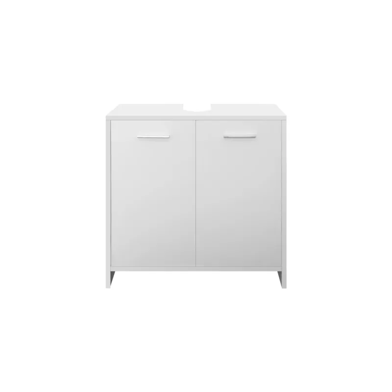 Weißer Unterschrank mit zwei Türen und einem Ausschnitt für ein Waschbecken.