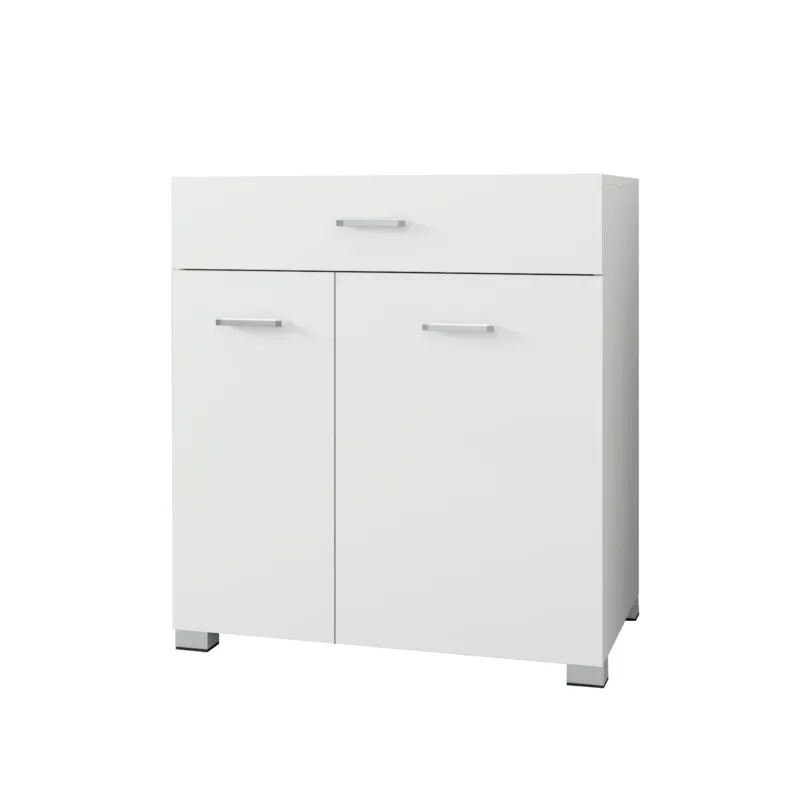 Weißer Schrank mit zwei Türen und einer Schublade.