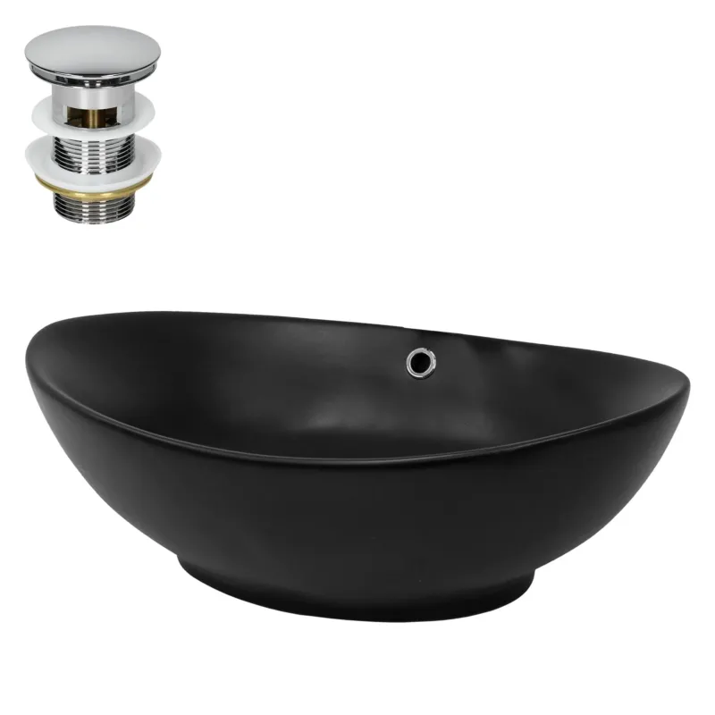 Schwarze, ovale Waschschüssel mit seitlichem Loch und Abfluss.