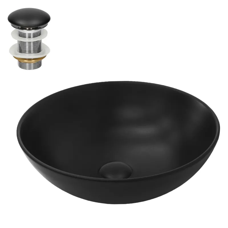 Schwarze, runde Waschschüssel mit Abfluss-Set in verschiedenen Farben.