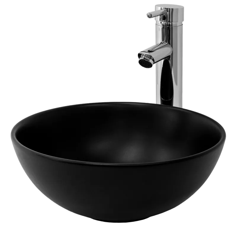 Schwarzes, rundes Waschbecken mit einer modernen Armatur.