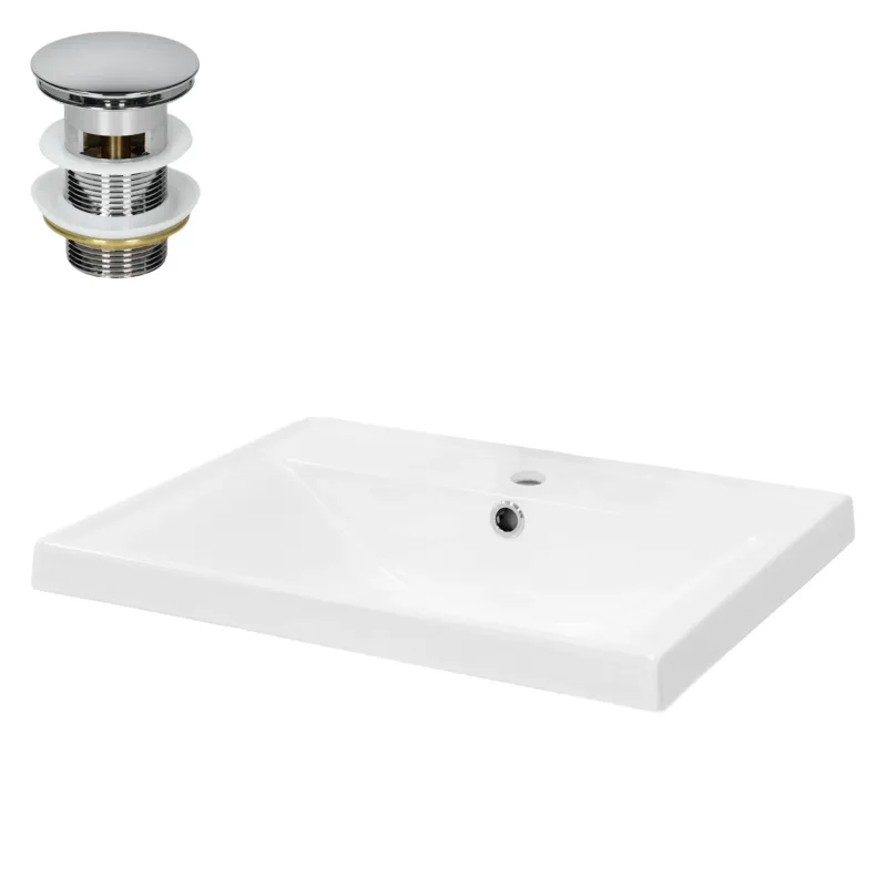 Weißes Waschbecken mit Abfluss und Armatur auf einem Tisch.