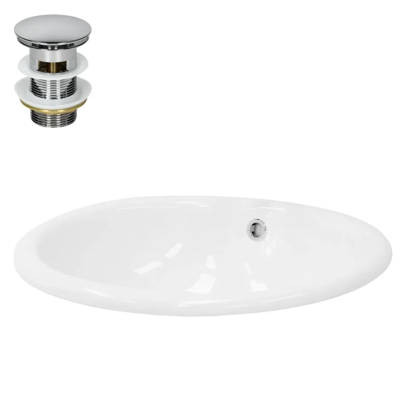 Weiße Badewanne mit Abfluss und verchromtem Ablaufventil.