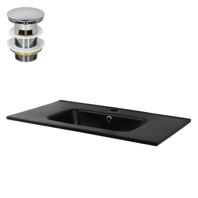 Schwarzes Waschbecken mit Ablaufventil und rechteckiger Form.