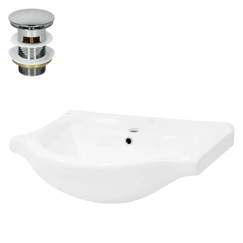 Weißes Waschbecken mit Abfluss und Überlauf.