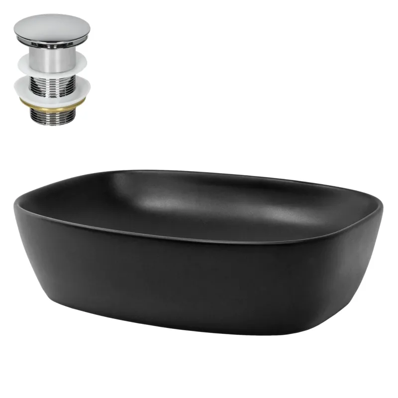 Schwarze Waschschüssel mit Abfluss und glänzendem Abflussstopfen.