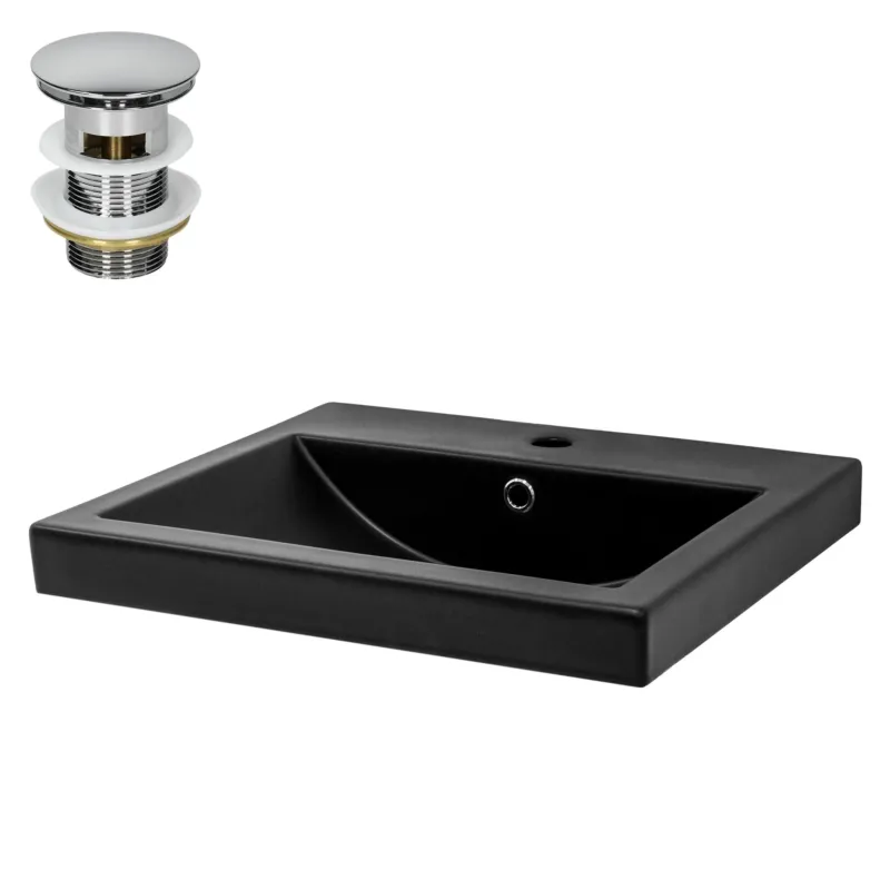 Schwarzes Waschbecken mit Abfluss und verchromtem Wasserhahn.