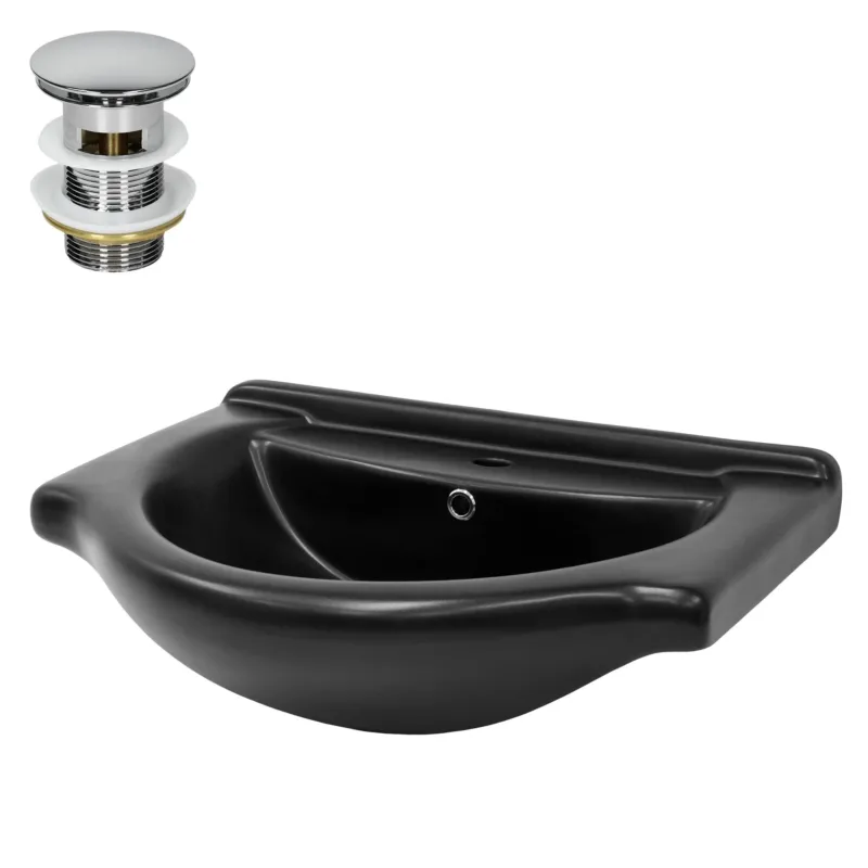 Schwarzes Waschbecken mit Ablauf und glänzendem Wasserhahn.