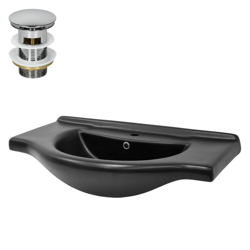 Schwarzes Waschbecken mit abgerundeten Kanten und Ablaufloch.