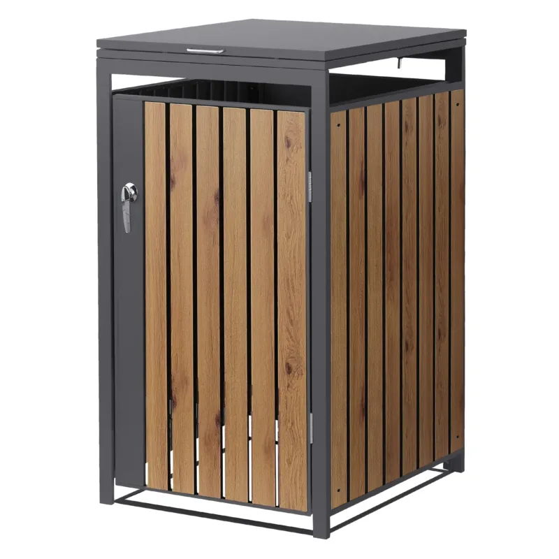 Mülltonnenbox mit Holzoptik und Schloss.