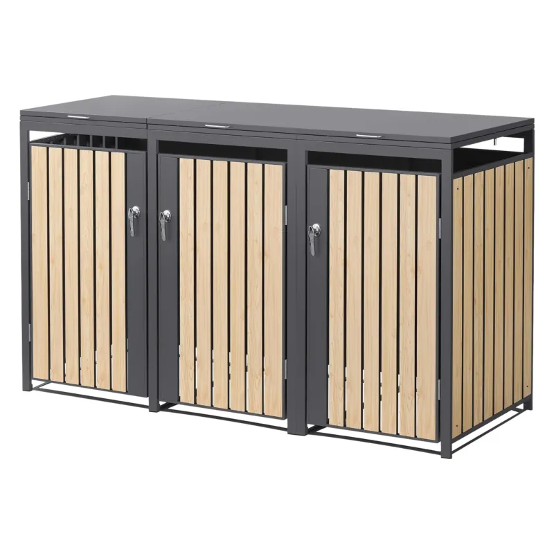 Mülltonnenbox mit drei Fächern und Holzoptik-Türen.