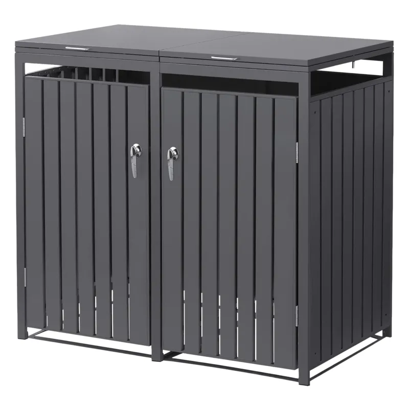 Mülltonnenbox aus Stahl mit zwei Fächern, Türen mit Schlössern, anthrazitfarben.