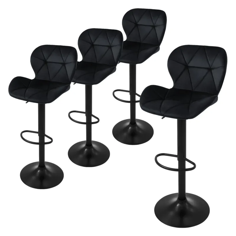 Vier schwarze Barhocker mit runder Basis und Fußstütze, nebeneinander angeordnet.