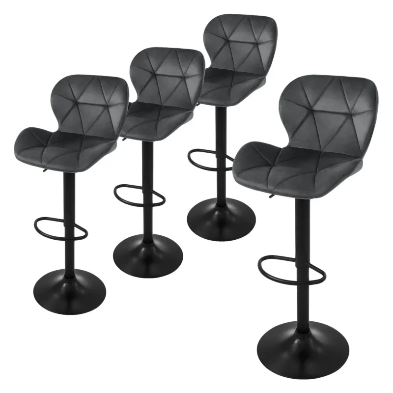 Vier graue Barhocker mit geometrischem Design auf schwarzem Fuß.