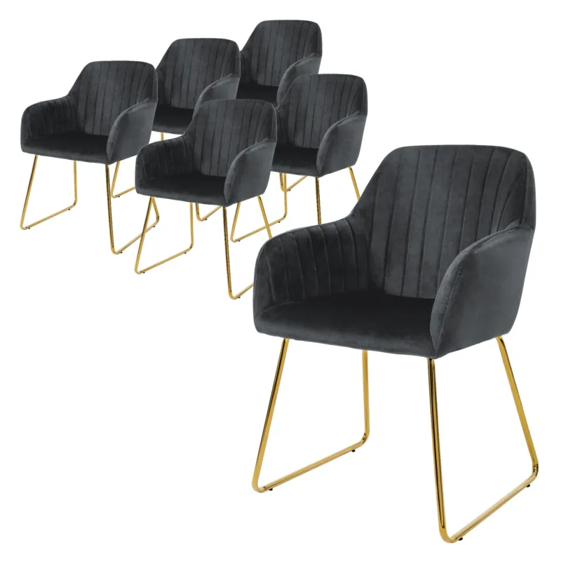 Sechs schwarze Stühle mit goldenen Beinen, auf einem weißen Hintergrund.
