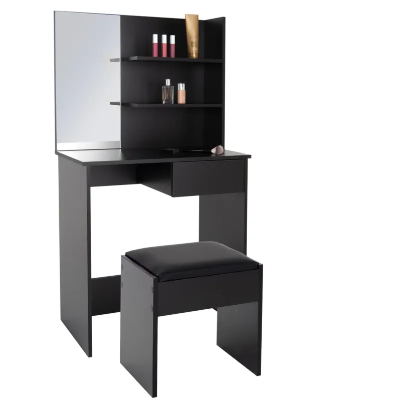 Schminktisch in Schwarz mit Spiegel und Regalen, dazu ein Hocker.