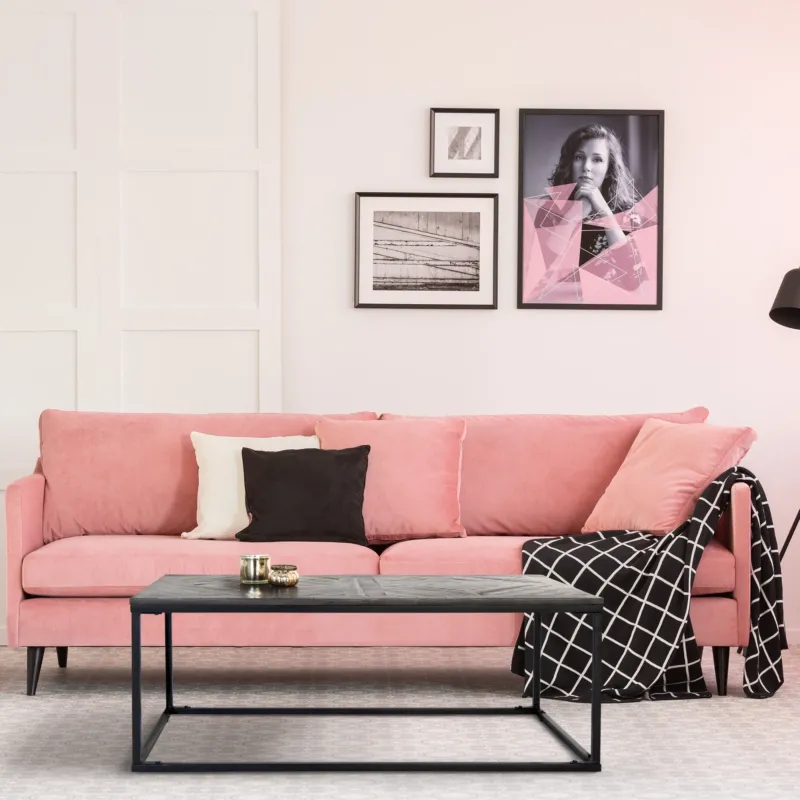 Rosa Sofa mit Kissen, schwarzem Überwurf und Tisch in einem hellen Raum.