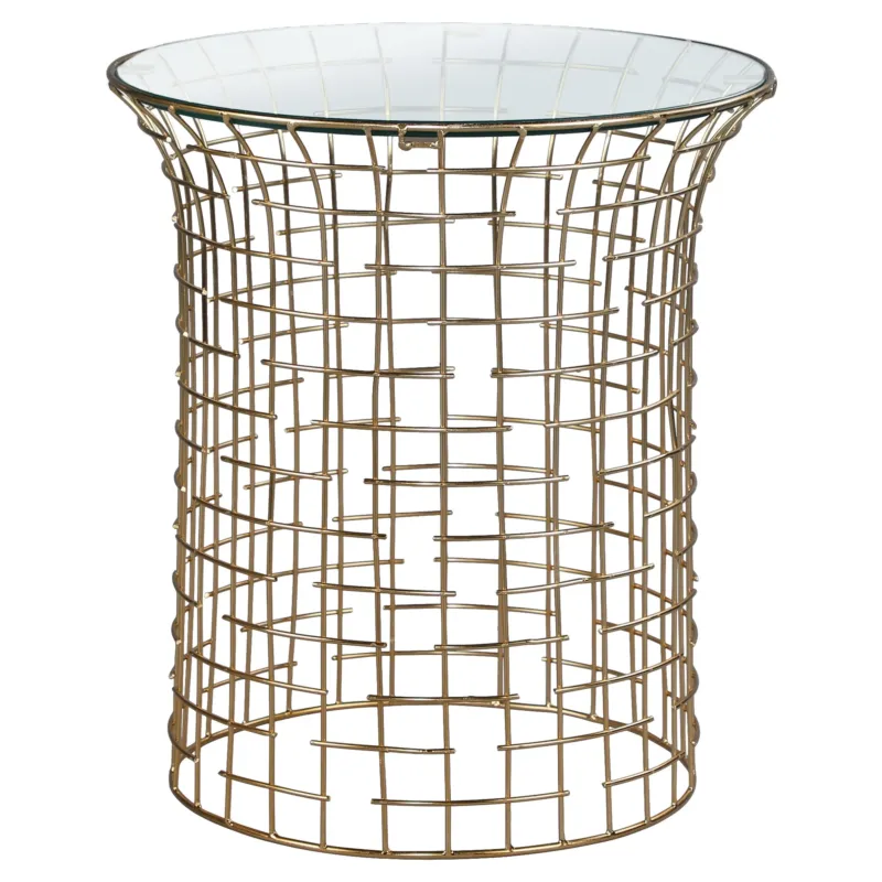 Hohler, goldfarbener Tisch mit gitterförmigem Design und transparentem Glas.