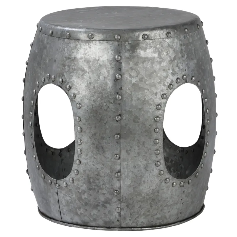 Hocker aus grauem Metall mit runden Ausschnitten und Nieten.