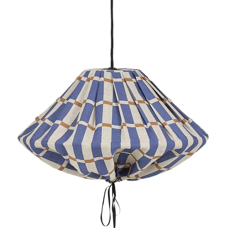 Abat-jour pour suspension en lin français à carreaux bleu et jaune moutarde 50 cm Yumi - Nobodinoz - The Cool Republic