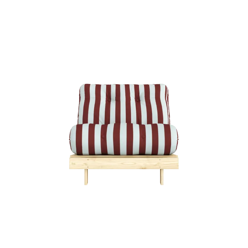 Canapé-lit en pin massif avec matelas rayé bordeaux et bleu clair 90x200cm Raw roots - Karup Design - The Cool Republic