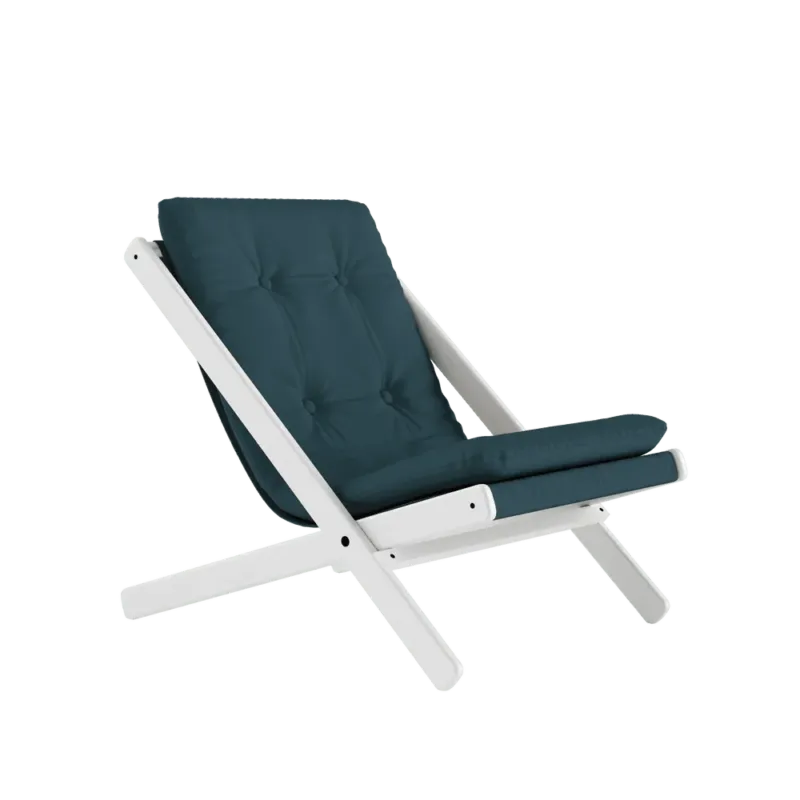 Chaise pliante en hêtre blanc et matelas en coton bleu pétrole 65x88x75cm Boogie raw - Karup Design - The Cool Republic