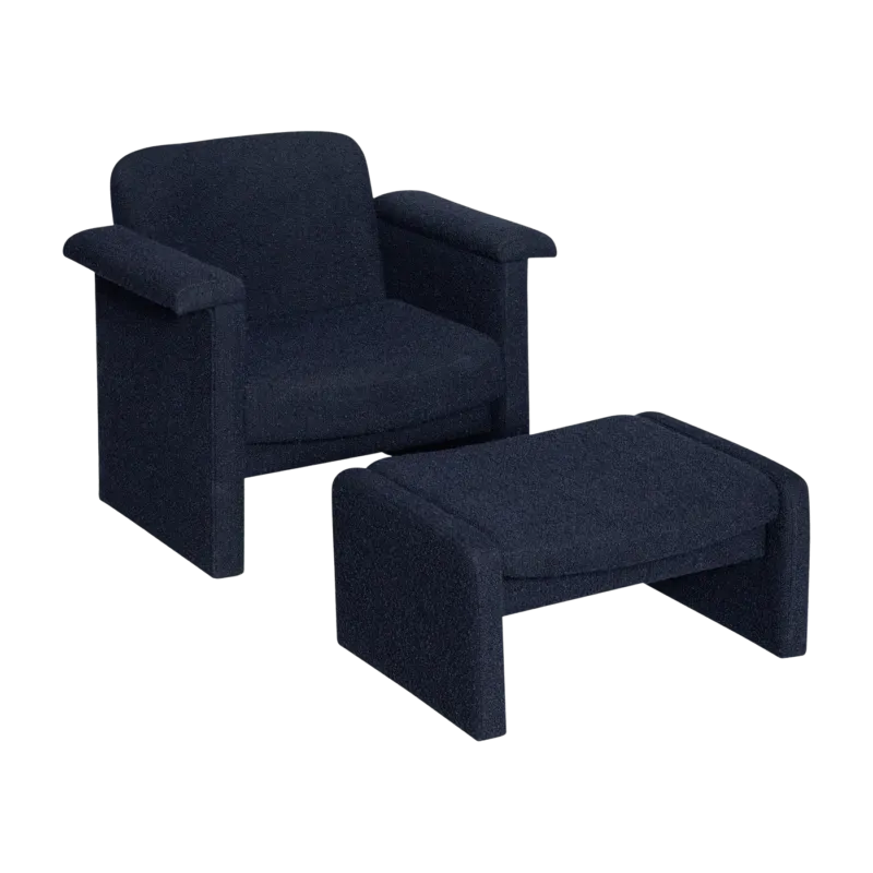 Fauteuil et repose pieds en tissu bouclette bleu foncé Softy - Hübsch - The Cool Republic