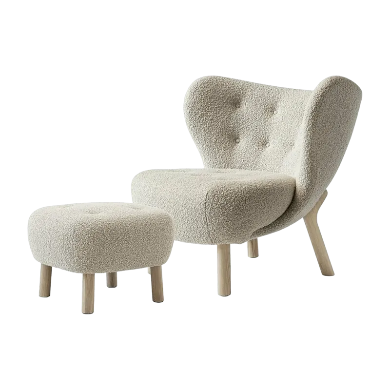 Fauteuil Little Petra et pouf en laine beige et chêne - &Tradition - The Cool Republic