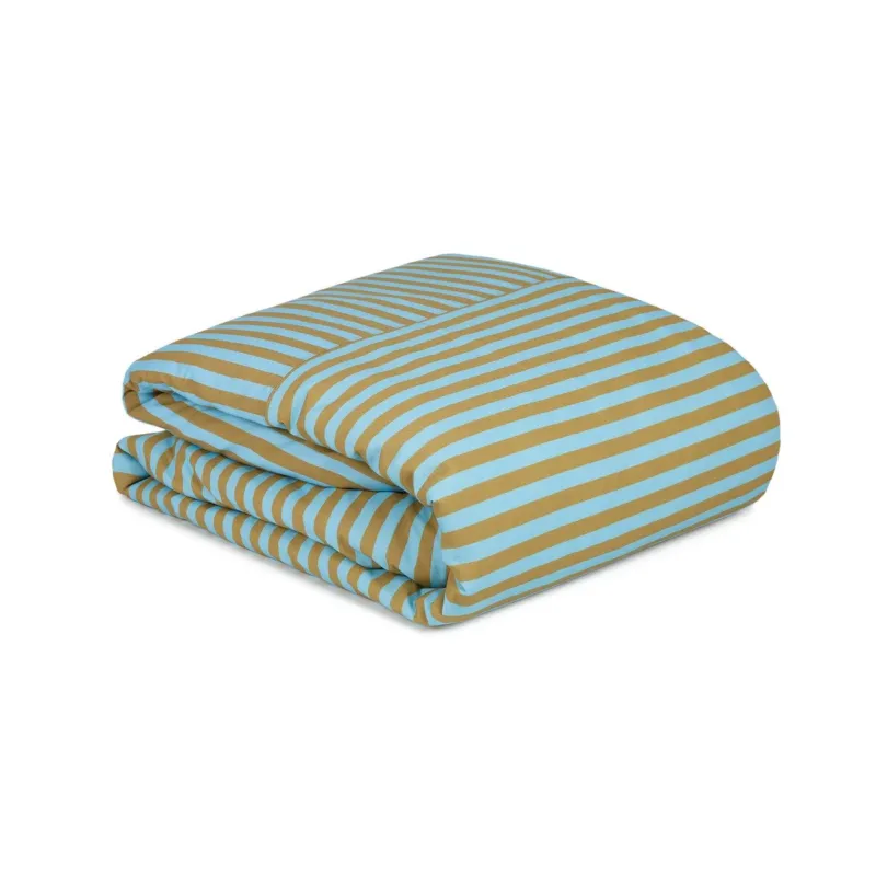 Housse de couette lit double en popeline de coton bio à rayures bleu et jaune curry 240 x 220 cm Leonard - Nobodinoz - The Cool Republic
