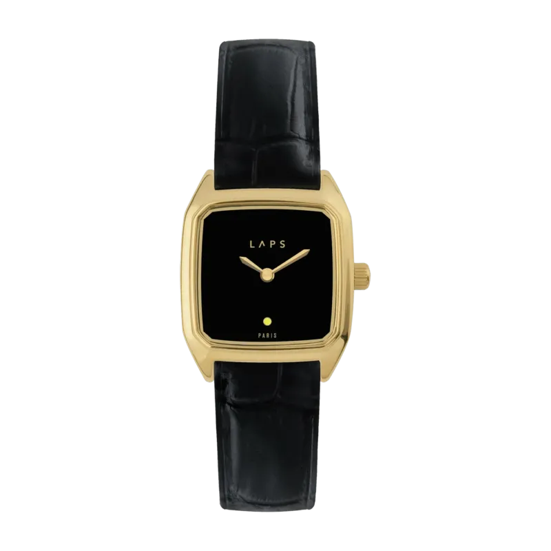 Montre noire en cuir et cadran doré Prima Oria - Laps - The Cool Republic