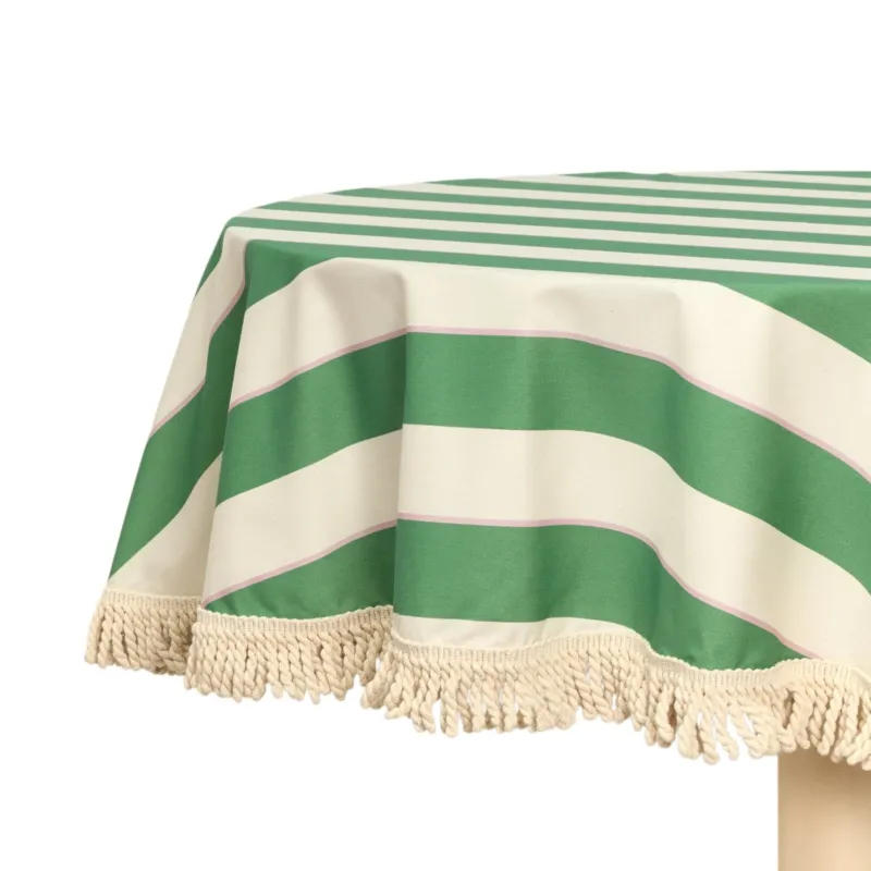 Nappe ronde avec franges en popeline de coton bio à rayures vert 160 cm - Nobodinoz - The Cool Republic