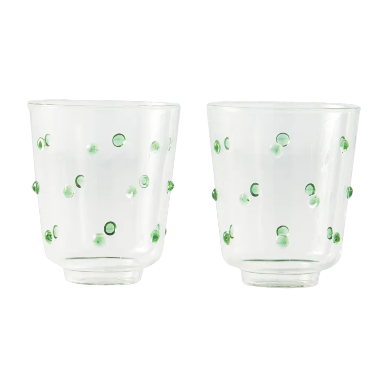 2 verres à eau en verre transparent avec des boutons verts olive 8,5 x 10 cm Nob - Pols Potten