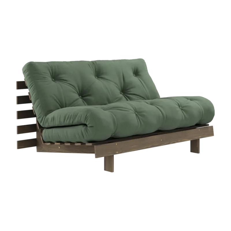 Canapé-lit en pin carob brown et tissu vert olive 140 x 200 cm Roots - Karup Design