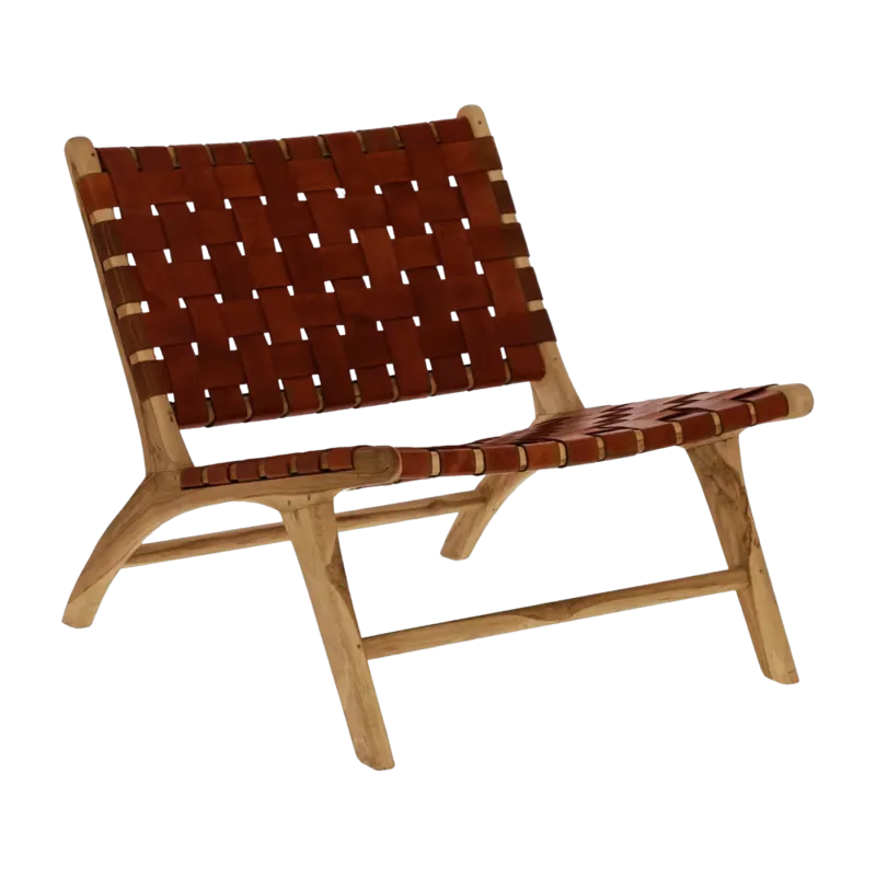 Fauteuil relax en cuir de buffle cognac et bois d'acacia 65 x 76 x 70 cm Aosta - Pomax