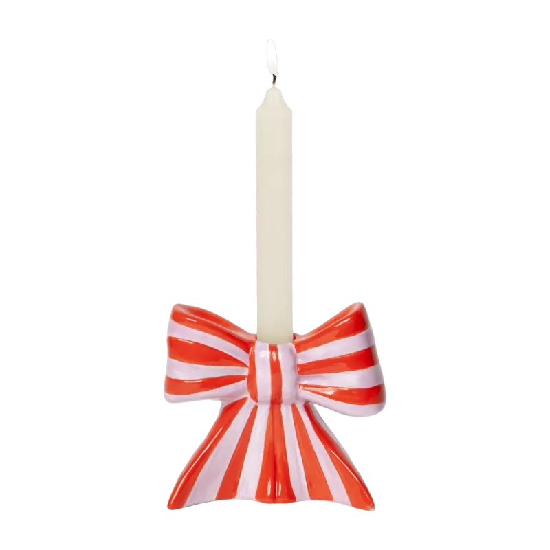 Bougeoir en céramique nœud à rayure rouge 12cm - Doiy