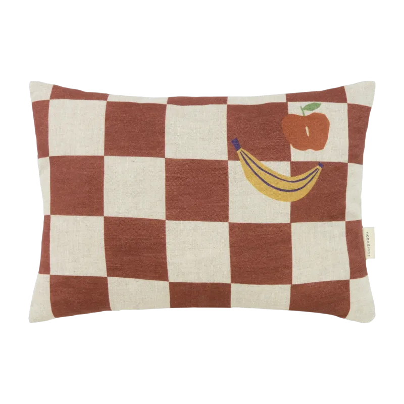 Coussin rectangulaire en lin français à carreaux marron 33x22x8cm Fruits Vibes - Nobodinoz