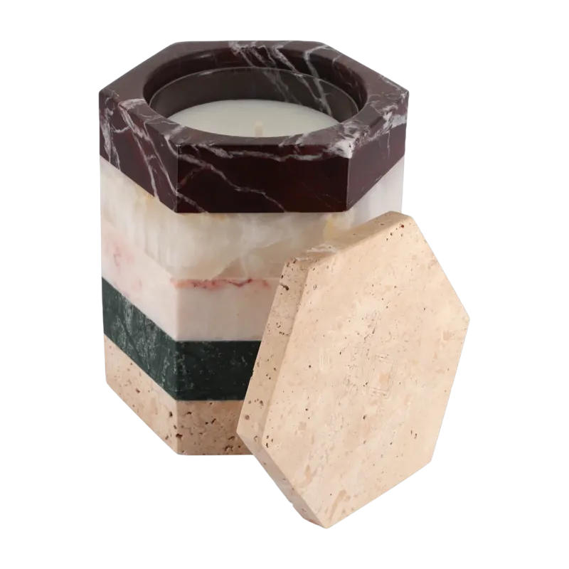 Bougie cire végétale en travertin, marbre et onyx 10,8x13cm Romy Orient - Studio Gaïa