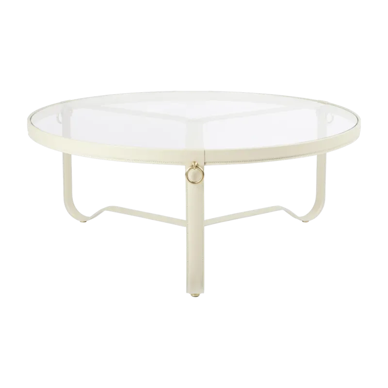 Table basse ronde en cuir beige crème et verre 100cm Adnet - Gubi