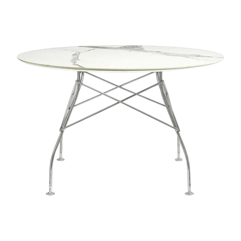 Table à manger ronde effet marbre blanc et chromé 118 cm Glossy - Kartell - The Cool Republic