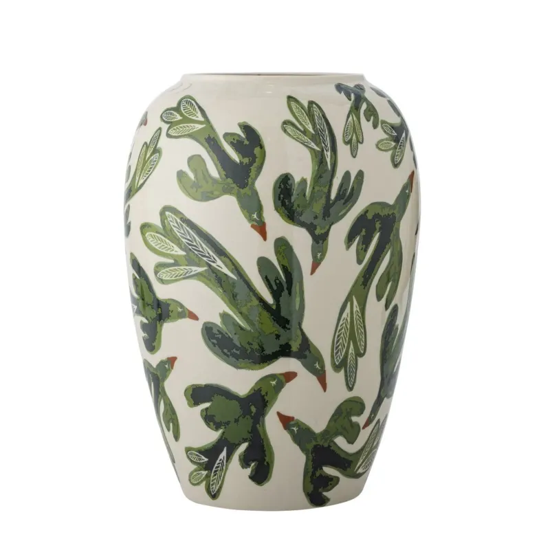 Vase en grès blanc cassé à motifs verts Birdliva - Bloomingville - The Cool Republic
